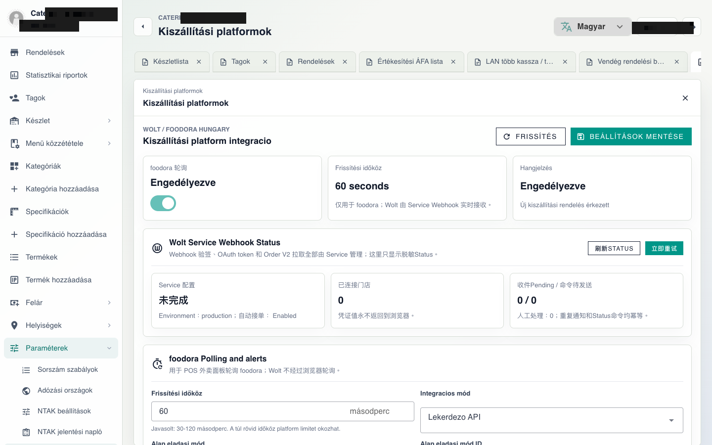 Kiszállítási platform integrációs beállítások (szemléltető; nem magcsomag-állítás)