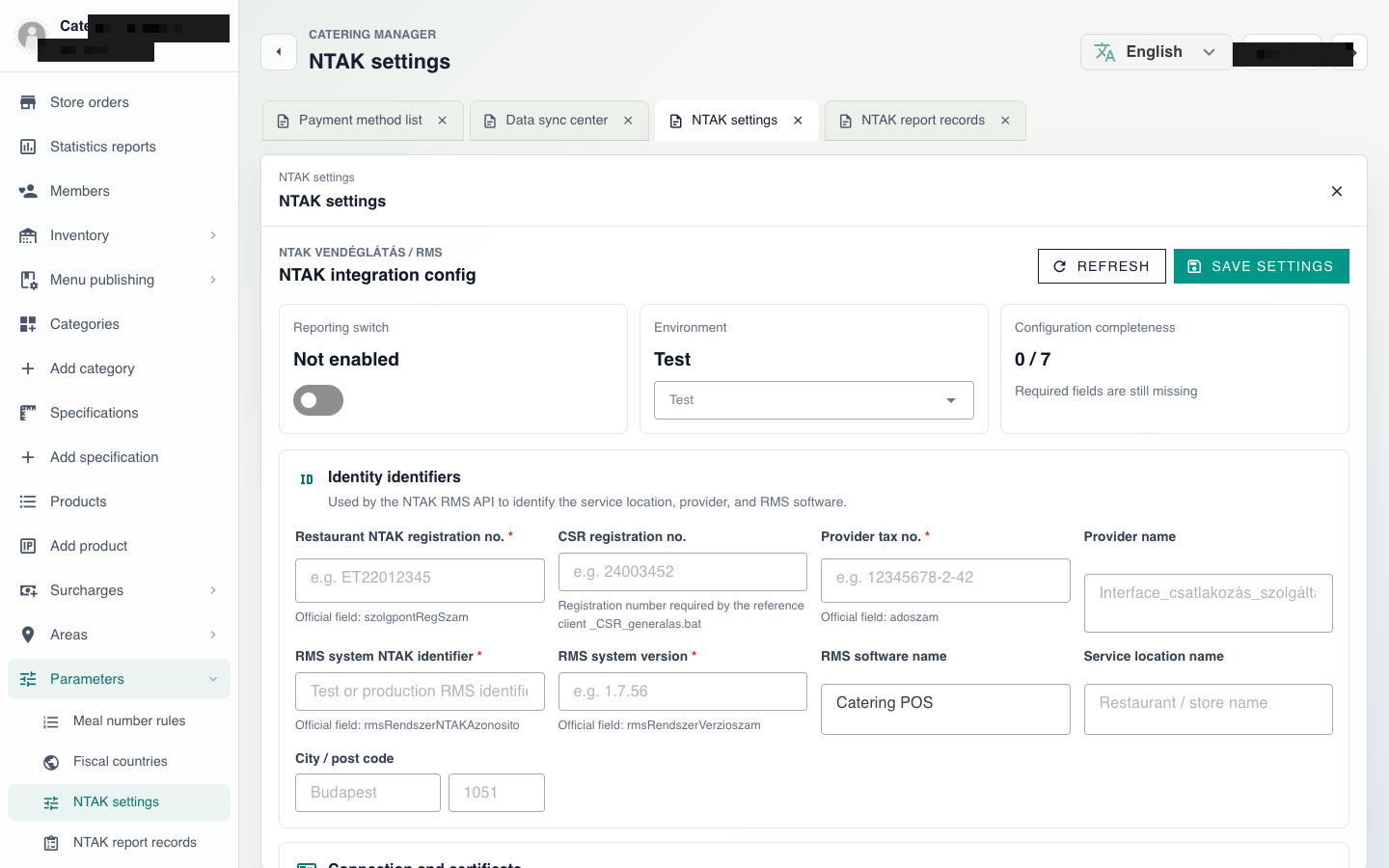NTAK configuration screen (redacted example)