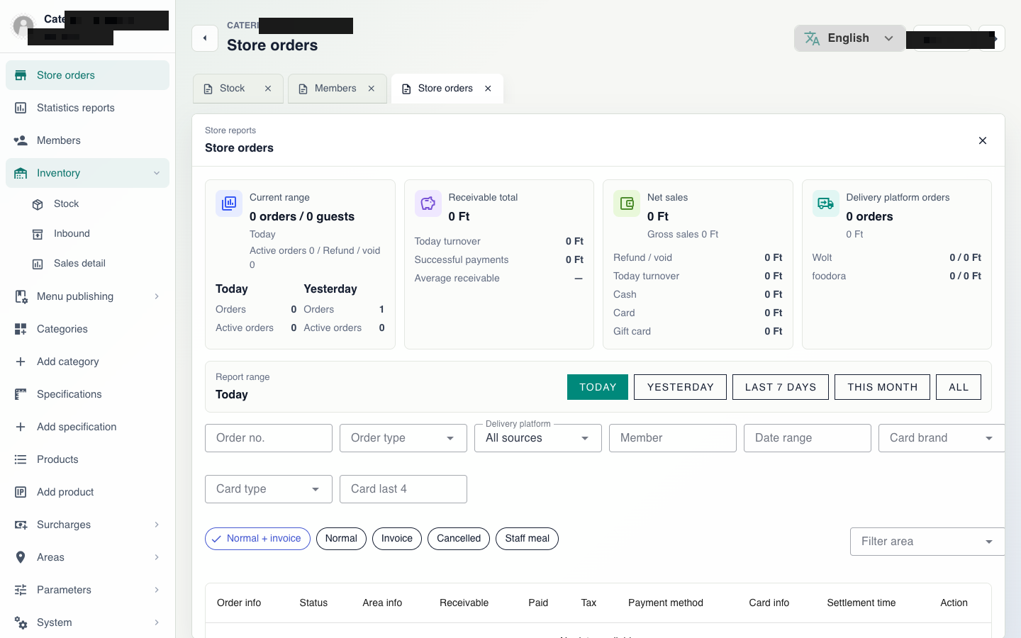 Catering POS order detail and refund screen