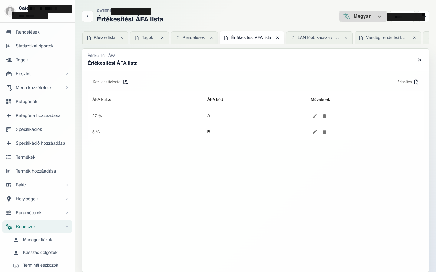 Catering POS fizetési módok és adóbeállítás képernyő