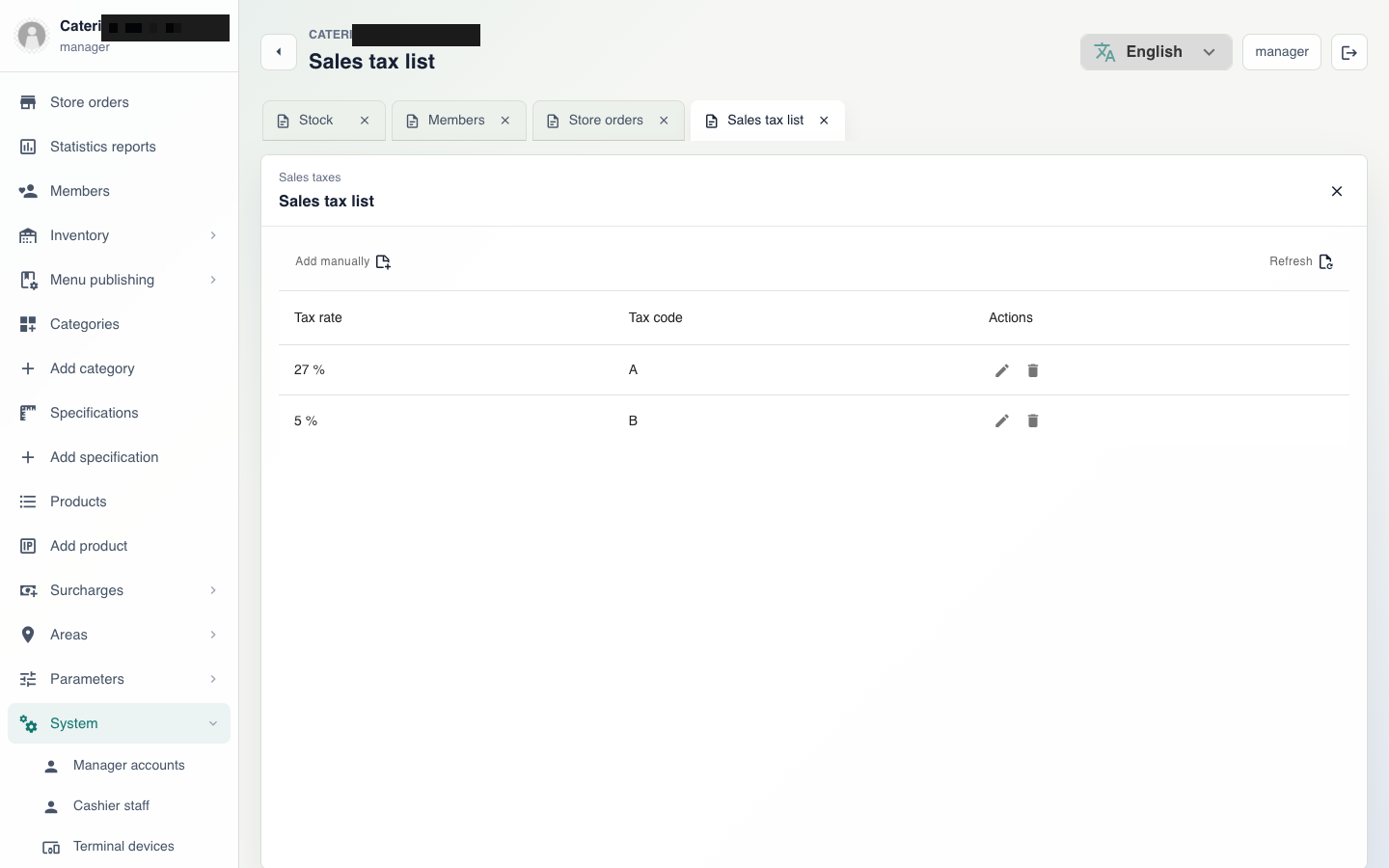 Catering POS payment methods and tax-rate setup screen