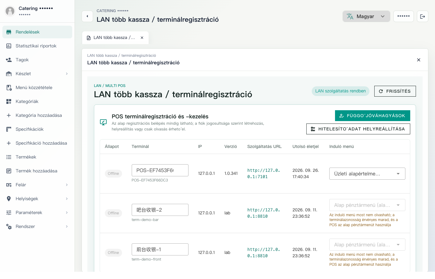 Admin LAN többkassza és terminálregisztráció